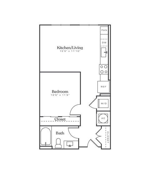 Floor plan for studio, 1 bath, 624 sqft